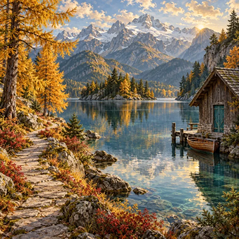 An alpine lake below snow-covered mountains, with golden trees and a wooden cabin.