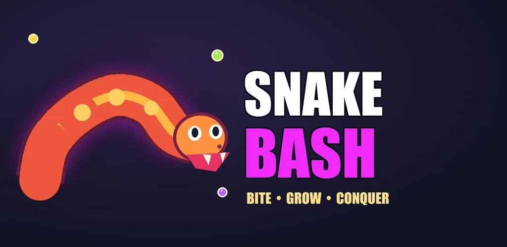 Snake Bash title art: an orange snake with fangs beside the words Snake Bash, bite, grow, conquer.